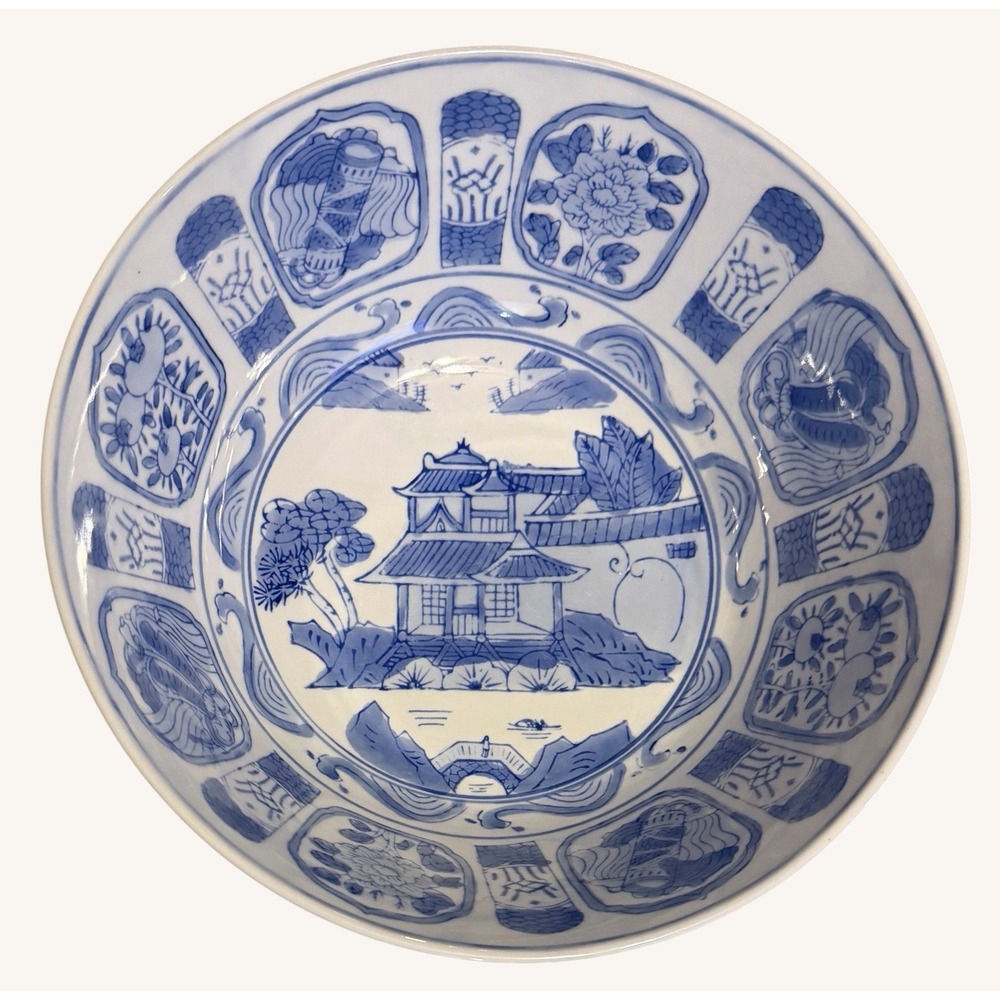 Antique Chinese Blue White Porcelain Punch Bowl Canton Landscape Kraak Panel 10"